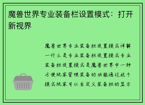 魔兽世界专业装备栏设置模式：打开新视界