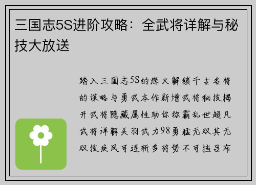 三国志5S进阶攻略：全武将详解与秘技大放送